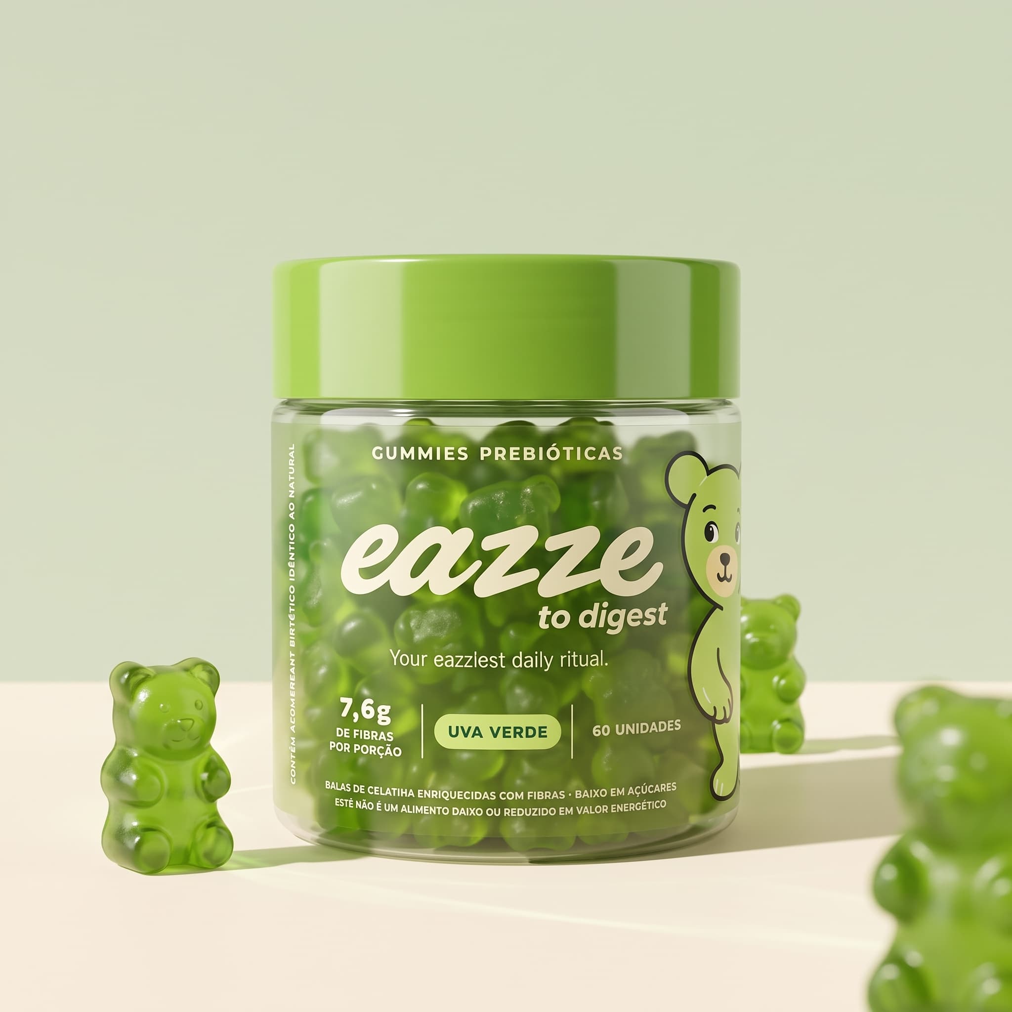 Pote oficial EAZZE to Digest em fundo verde-claro, com gummies de uva verde ao redor.