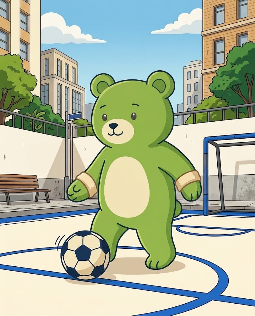 Sway jogando futebol em uma quadra urbana azul e creme, com a bola junto ao pé.